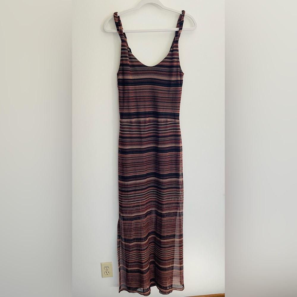 Sanctuary Brown Striped Mesh Overlay Twist Strap Maxi Dress, Women's Medium
